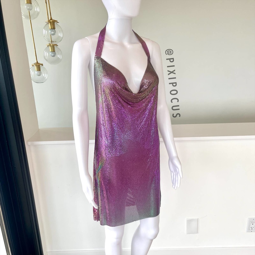 ZARA SPARKLY DUO CHROME METALLIC CHAIN MAIL HALTER MINI DRESS - Picture 8 of 14